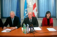 Left to right: Ambassador Per Eklund, Head of the European Union Delegation to Georgia; Jamie McGoldrick, UNDP Resident Representative and UN Resident Co-ordinator in Georgia; and Nino Goguadze, member of the Central Electoral Commission of Georgia. UNDP/David Khizanishvili