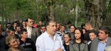 Saakashvili and Minister of Economy and Sustainable Development Vera Kobalia speak to residents of Akhaltsikhe