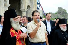 President Saakashvili gives a short speech at the cross raising ceremony for the newly renovated Bagrati Church.