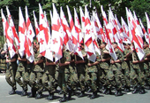 Flags of Georgia in Rustaveli Avenue, Tbilisi, on a military parade during the Independence Day celebration. May 26, 2008