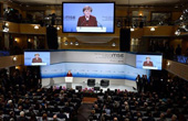 German Chancellor Angela Merkel addressing the conference on February 7
